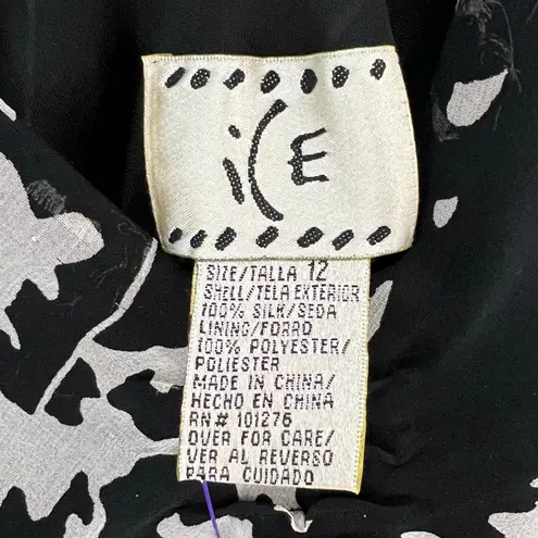 ICE Vtg Y2K Silk Maxi Dress 12 Black White Chiffon Floral Romantic Whimsygoth