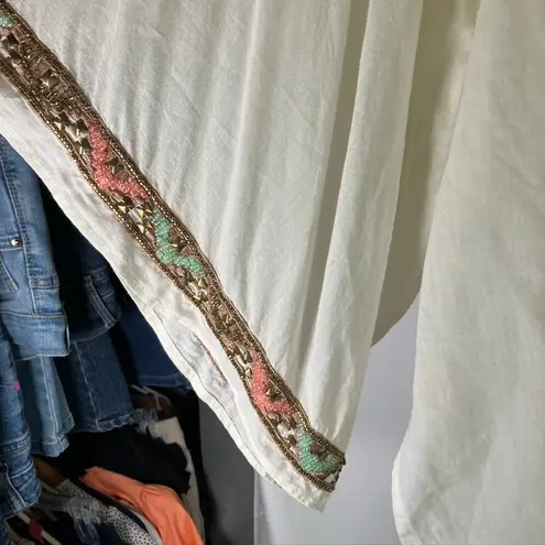 Love Sam Beaded Embroidered Tunic Top Blouse Beige Cotton Boho Women's L