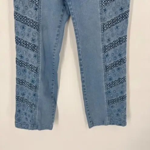 Acezung heavily embroidered boho straight leg hi rise jeans light wash size 10 Blue