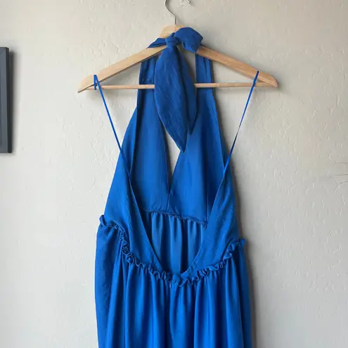 Kasia Dress Blue Halter Tiered Sleeveless Boho Maxi Dress Size M Blue Size M