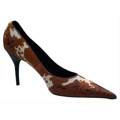 Donald Pliner Brown Pony Hair Calf Leather Pump Shoe New Western Croc NWT $450 Size 5.5