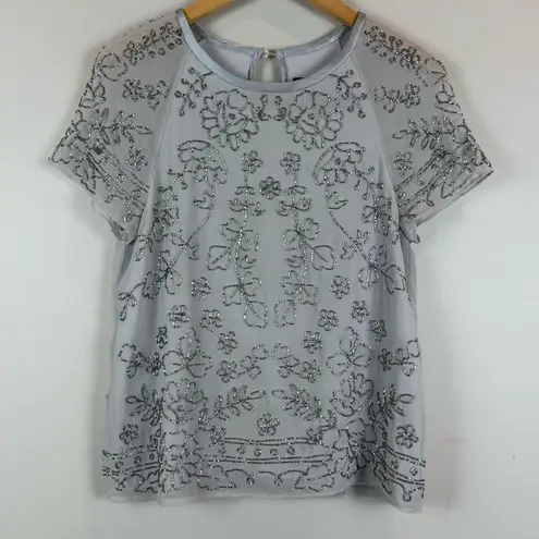 Needle & Thread Top Womens 4 Gray Floral BeadedShort Sleeve Blouse Spring Motif