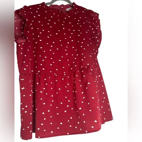 None Women’s Casual Heart Print Cap Sleeve Ruffle Neck Loose Babydoll Shirt