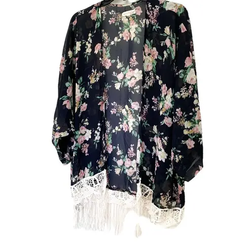 Rachel & Chloe Navy Blue White Floral Fringe Bohemian lace Kimono Size Large