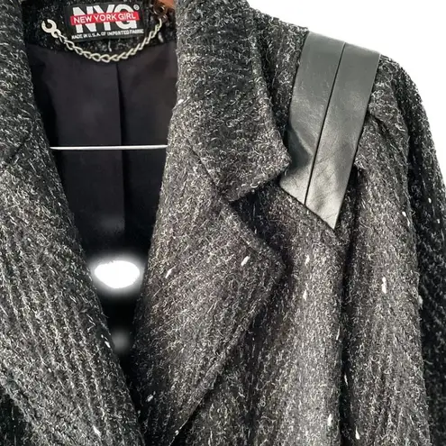 Vintage 80s marled wool double breasted pea coat leather shoulders size medium M Black