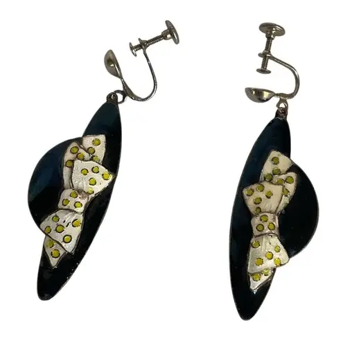 Vintage Enamel Bow Earring Screw Back Black White Yellow Polka Dot Mod 60s Style