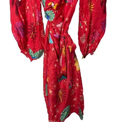 Farm Rio Lotus Star Front Twisted Midi Red Dress sz S