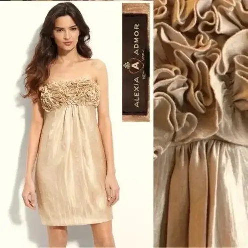 Alexia Admor | Metallic Champagne Rosette Hammered Satin Formal Dress Size XS