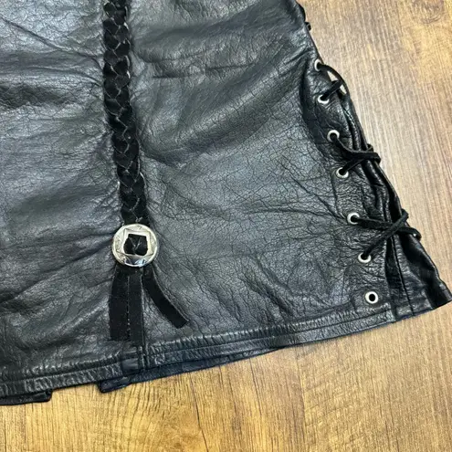 Vtg Y2K Black Leather Concho Mini Skirt Size XS