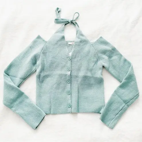 Kfashion Kpop Y2K Dusty Blue Halter Off Shoulder Winter Knitted Cardigan Top Size XS