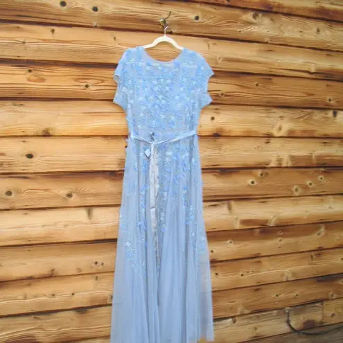 Mac Duggal 14521 Blue Floral Embellished Short Sleeve Mesh Gown Dress