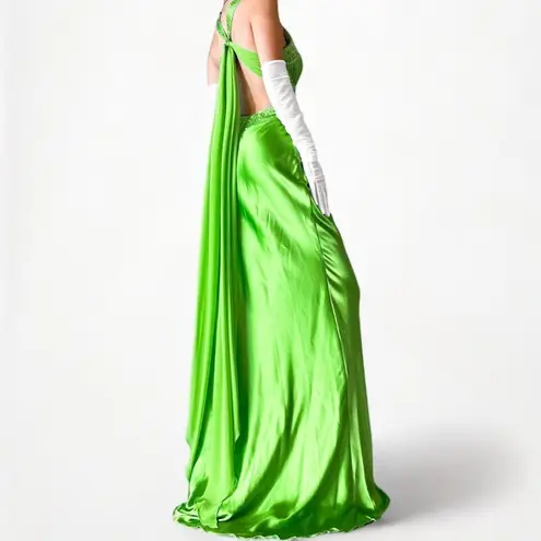 Neon Green Beaded Satin Maxi Bodycon Formal Prom Dress Size S