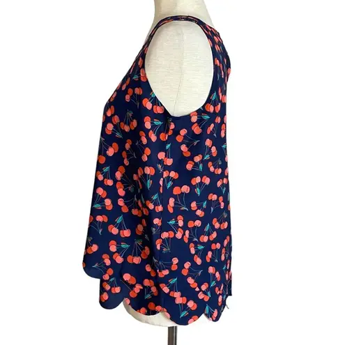 Maison Jules Cherry Print Sleeveless Scallop Hem Layered Blouse Size Small Navy