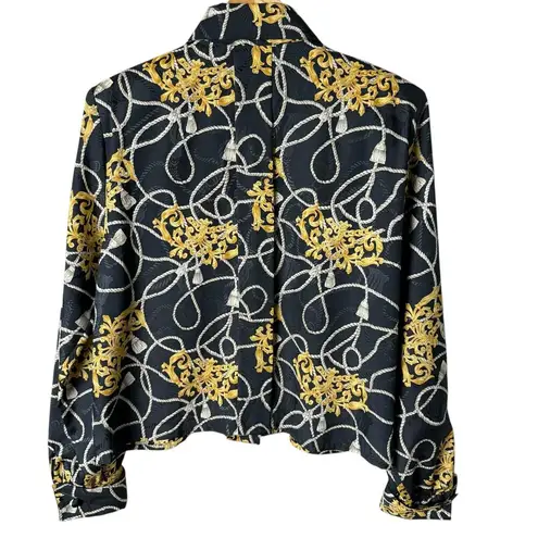 Pierre Cardin Vintage Black Gold Printed Button Up Blouse Cropped Long Sleeve, 6
