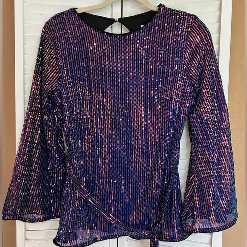 Grace Karin Womens Sequined Blouse Long Bell Sleeve Crew Neck size Small