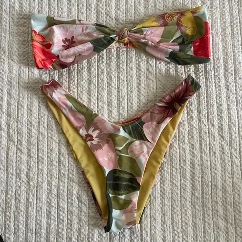 Aerie colorful floral bikini set bandeau top size XL cheeky bottoms size L