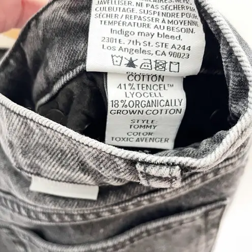 Boyish High Waisted Straight Leg Jean Raw Hem Button Fly Washed Black 26