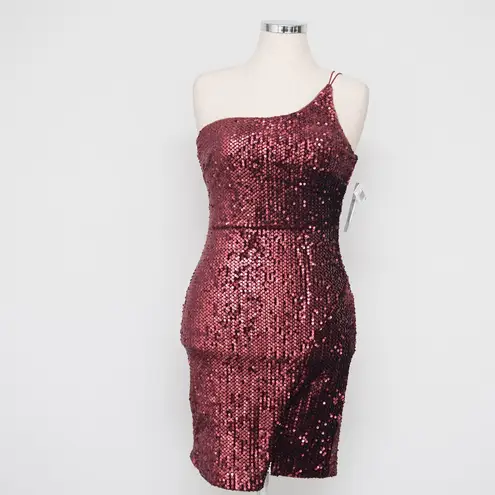 Betsy and Adam One Shoulder Burgundy Sequin Cocktail Dress