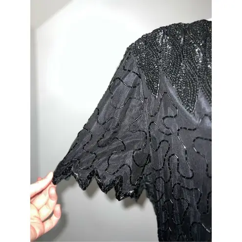 100% Silk Vintage Women’s Black Beaded Open Back MIDI Dress LARGE