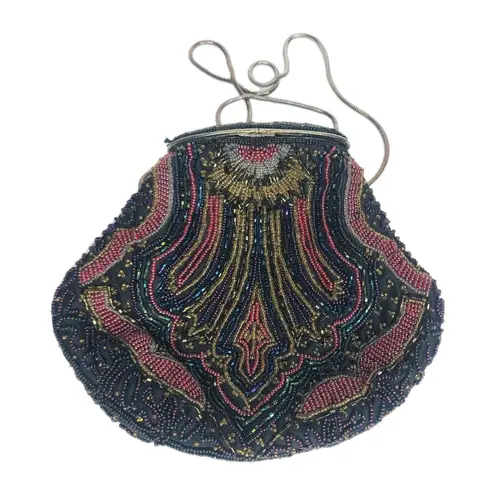 VTG Purse Crossbody Hand Made In Hong Kong Multi Color Beaded Evening Bag Black
