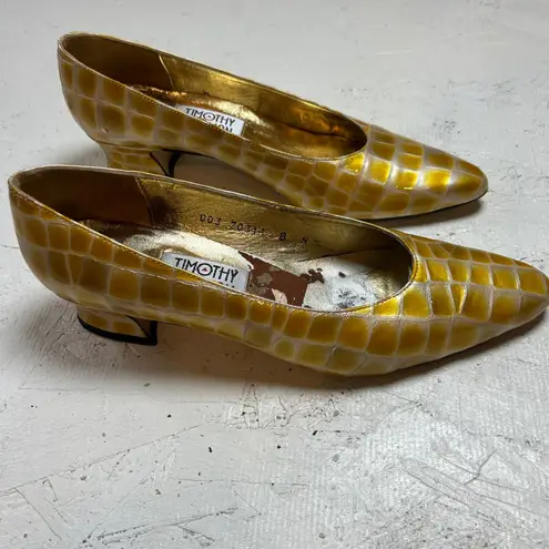 Timothy Hitsman Gold Crocodile Embossed Pointed Toe Heels Women's Size 8