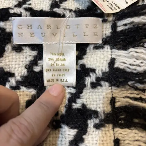 Vintage Charlotte Neuville Houndstooth Wool Mohair Scarf Wrap Shawl Fringe NWT Black