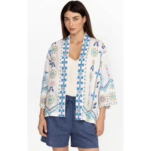 Johnny Was Oriel Cropped Linen Multi-Colored Floral Embroidered Kimono, XS, EUC