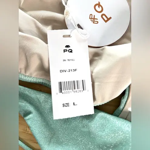 PQ Swim Divine Blue Shimmer Metallic Full Coverage Bikini Bottom, Size Large Green