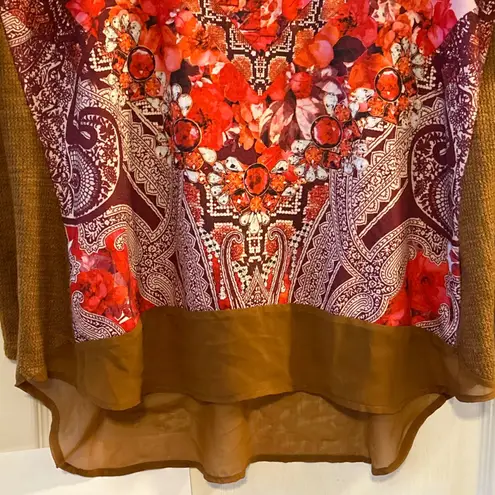 One World XL Brown Embellished Floral Print Long Sleeve Scoop Neck Tunic Top