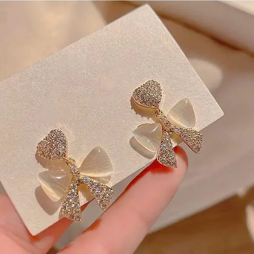 925 Silver Post Crystal Bow Stud Earrings for Women Gold