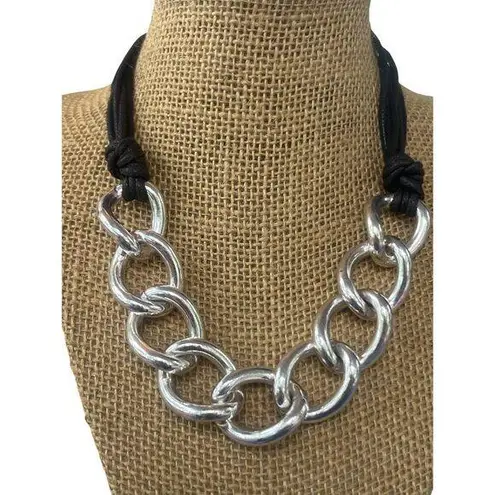 St Thomas Chunky Silver Tone Chain Necklace Multi Black Cord Adj 14" + 2.5"