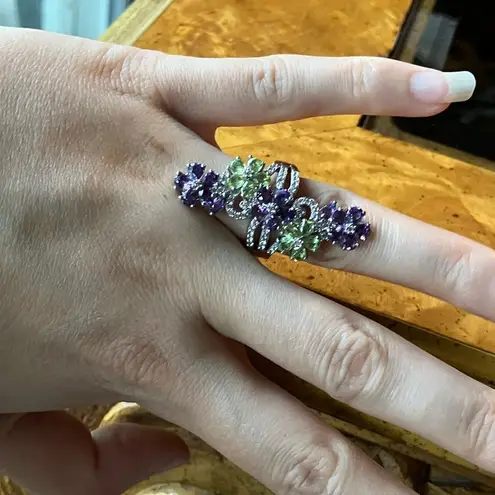 Natural Amethyst Peridot Sterling Silver Cocktail Ring Purple