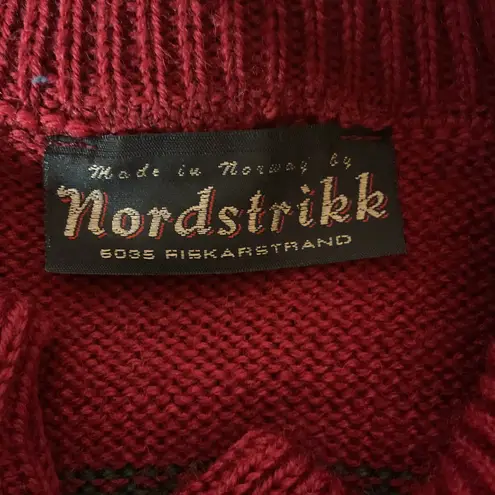 Nordstrikk Fair Isle Knit 100% Wool Norway Icelandic Cardigan Sweater Size Large Red