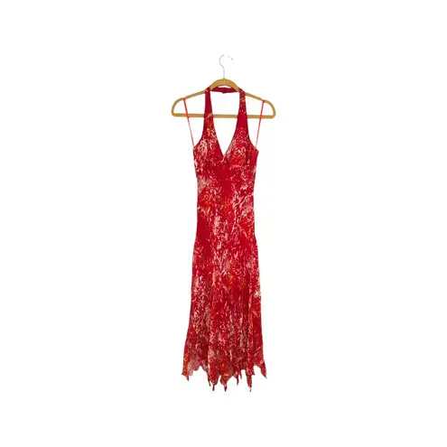 Vintage Y2K Silk Velvet Burnout Halter Dress Red Handkerchief Hem Red Bimbo Pink Size 8