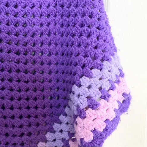 None Granny Square Crochet Purple Poncho One Size Pom Poms Grannycore