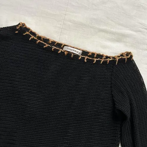 Black open knit off the shoulder sweater with tan blanket stitching Size XS