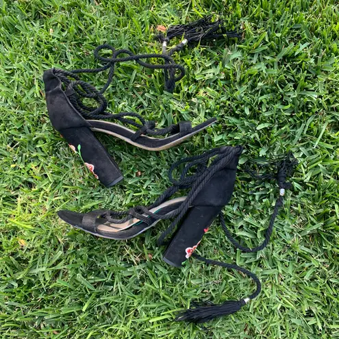 Missguided Black Embroidered Lace Up Block Heels