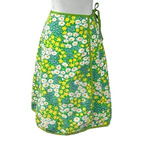 Vintage 70s Handmade Groovy Floral Reversible Wrap Skirt XS Small Flower Child Green