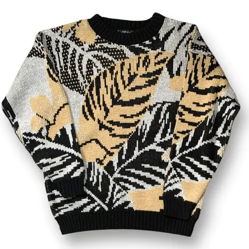 Vintage Black Beige Metallic Leaf Sweater Abstract Knit Metallic Thread USA Size L