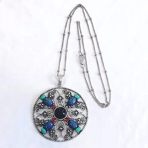 Artisan Vintage Sterling Silver Turquoise Garnet Onyx Lapis Pendant & Station Necklace