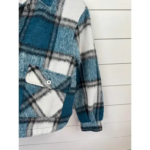 TRUTH Shacket Womens Size M Teal Plaid Fuzzy Chest Pockets Cozy Streetwear Black Size M