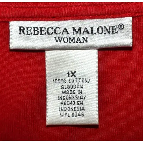 Rebecca Malone Red Knit Tunic Top Black Ribbon Trim Studded V-Neck Size 1X