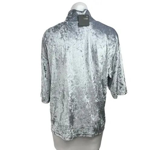 NEW Et Tigre Kenji Silver Metallic Velvet Velour Short Sleeve Mock Neck Top Sz S