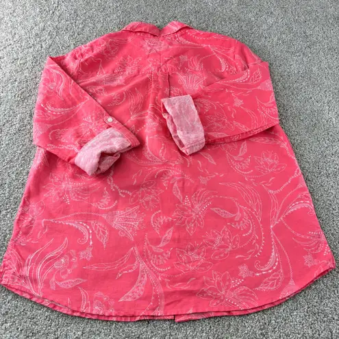 Charter Club Floral Button Down Shirt Pink White Linen Cotton Blend Womens S