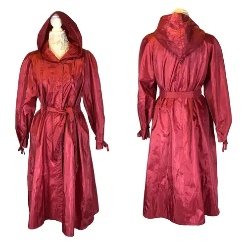 1990s Messages Red Iridescent Hooded Taffeta Belted Coat Made in Hong Kong M Size M