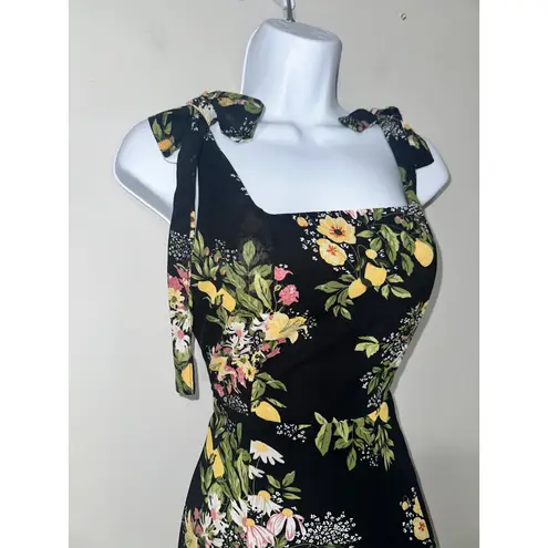 RIHOAS Floral Midi Dress Tie Strap Square Neck Black Yellow Spring Summer S