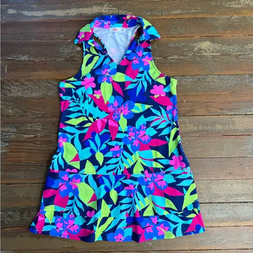 Aryeh Colorful Tropical Floral Collared Ruffle Hem Racerback Dress ~ Size S 💚🍄