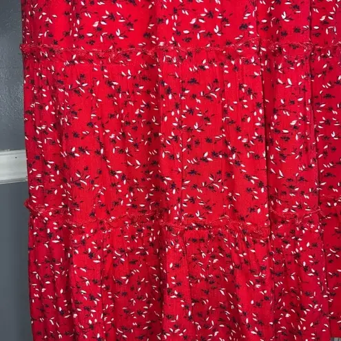 White Birch Red Floral Shirred Sweetheart Square Neck Puff Sleeves Short Dress S