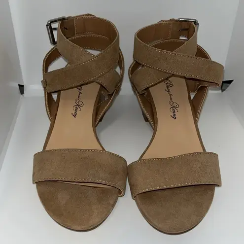 Penny Loves Kenny Strappy Wrap Ankle Open Toe Heels Tan Microfiber Women’s 8