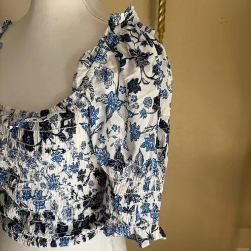 MISA Los Angeles Blue Floral Abbey Smocked Crop Top Size Medium